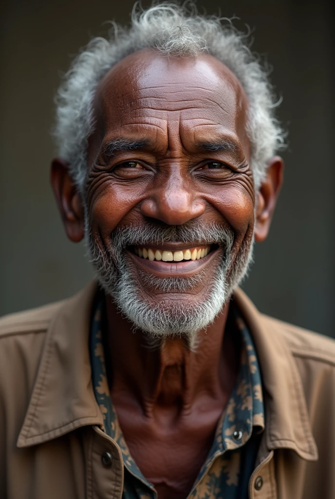 A beaten black old man smiling with one front teeth missing and cracked skin