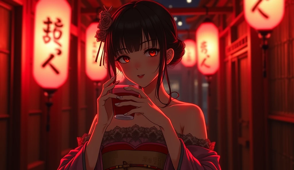 Red light district、Beckon、A woman wearing a kimono、Fearless smile、cup