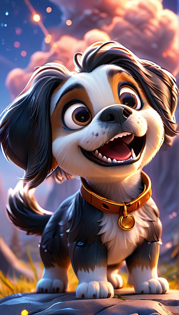 cute blak Shih Tzuu puppy, standing on meteor ,cartoon, meteor, fire sky,arms, , cute eyes, looking at viewer, hands up, effects background, particles