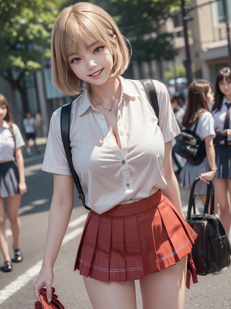 (8k, RAW Photos, Highest quality, masterpiece:1.2), (Realistic, photo-Realistic:1.4), (extremely detailed 8k wallpaper), ((Full Body Shot)), (((1 girl))), Sharp focus, Cinema Lighting, Soft Light, (緻密な美しさのeye, eye_Chan, Very beautiful 17 year old girl, innocent big eyes, Realistic, photo Realistic, Highly detailed cute girl, (Thin thighs), (Model body type), Slightly larger breasts、Cleavage、The top button of his shirt is undone、(blonde), (Short Bob Hair), (Asymmetrical bangs), ((Happy smile)), Glowing Skin, ultra high density skin ,Detailed hairstyle, Facial beauty with attention to detail, Perfect female body, (school uniform:1.3),(Mini Skirt Red Check Micro Mini Skirt), A man in the audience is watching, (Crowded street:1.3)