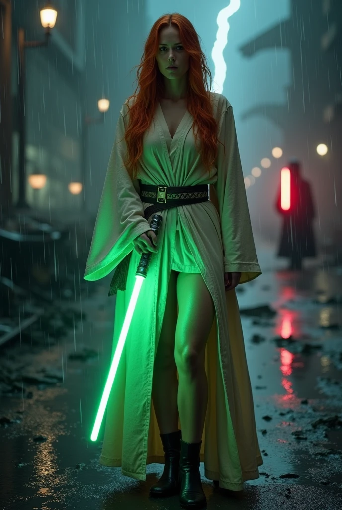 (full body shot:1) photorealistic image of a (standing pose:1) woman, ultrarealistic, photography, long red hair, woman, 24 years old, hourglass figure, perfect body, concerned look, natural medium breasts, blur background, in complete darkness, she is wearing a light jedi robe, she is holding a green lightsaber, the lightsaber is the only lightsource, on a dark destroyed space colony outside, it is raining, there is lightning in the background, she has her back to the camera, Darth Vader is approaching her with his red lightsaber drawn, she looks into the camera, long sexy legs, wet clothes, wet hair