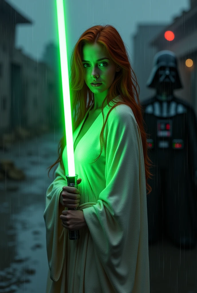 (full body shot:1) photorealistic image of a (standing pose:1) woman, ultrarealistic, photography, long red hair, woman, 24 years old, hourglass figure, perfect body, concerned look, natural medium breasts, blur background, in complete darkness, she is wearing a light jedi robe, she is holding a green lightsaber, the lightsaber is the only lightsource, on a dark destroyed space colony outside, it is raining, there is lightning in the background, she has her back to the camera, Darth Vader is approaching her with his red lightsaber drawn, she looks into the camera, long sexy legs, wet clothes, wet hair