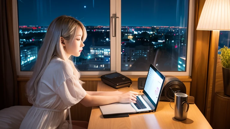 Beautiful girl operating a computer、Beautiful girl facing a computer、{Beautiful night view from the window}、Beautiful girl standing by the window、Beautiful girl sitting、Beautiful girl in nightgown、Slender beautiful girl、Beautiful girl in a dark room、A beautiful girl who looked sleepy、Blonde silver haired beautiful girl、夜にBeautiful girl operating a computer{Right beside}