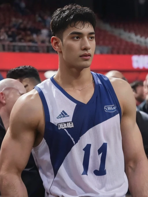 A man stands on the grass, Muscular!!, a Muscular, 8k 50mm ISO 10, 🚿🗝📝, Okan , wearing volleyball jersey, k hd, advertisement picture, professional sports style, Wearing NBA jersey, Muscular!, , Muscular!!!188cm!Single Eyelids!((35yo !)) with short brown hair ! Only string thong!(Show hairy chest muscles), ), (Use a short beard,) headspace!Charming and serious look, ((Stand on the basketball court)), Muscular!, Close shave and secure fit, (High quality, photorealistic image),! ((quality, 8K, tmasterpiece), super k hd photos, (Details on the face, skin textures, Ultra-detailed body:1.1)High body hair!A high resolution, tmasterpiece, muscular、Short hair details、NSFW、Spacious size、Correct limb sculpting fingers)The skin is really dark!The skin is real!Authentic texture、Camera close to the ground!!Straw sandals background scatter 1.2) training , 16k resolution , ultra-high clarity , hyperrealism, uhd , (bare thighs )