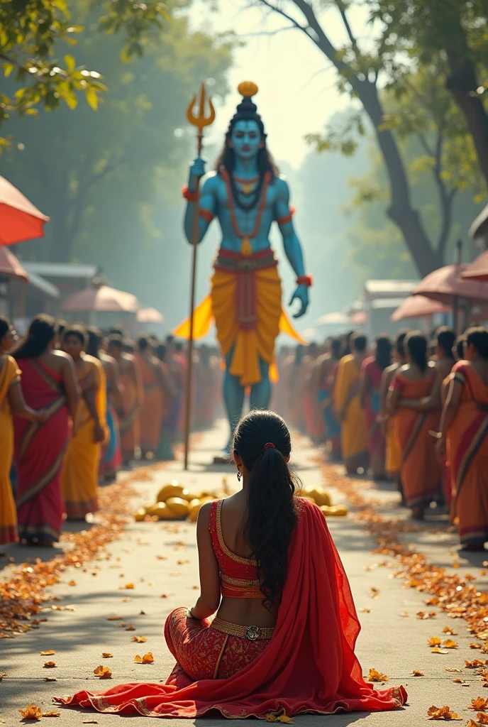 A woman is sitting on the road and Lord Shiva is making an idol of banana and many people are worshiping the idol of Shiva near her.