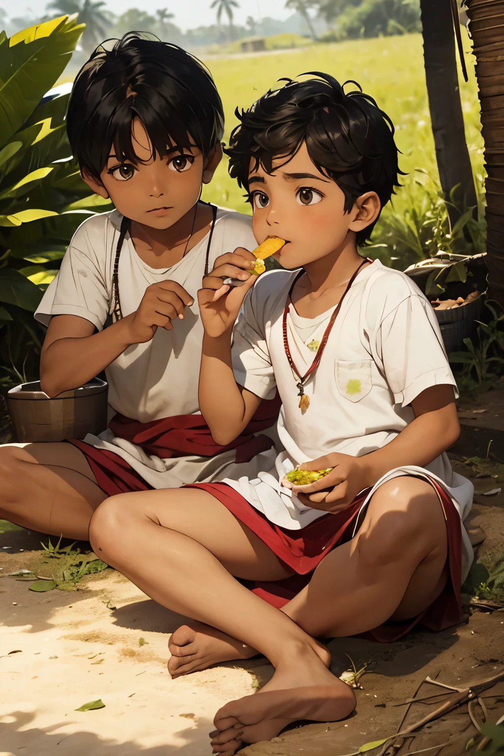 two little Indian boys eating palm fruit in an rural indian village.