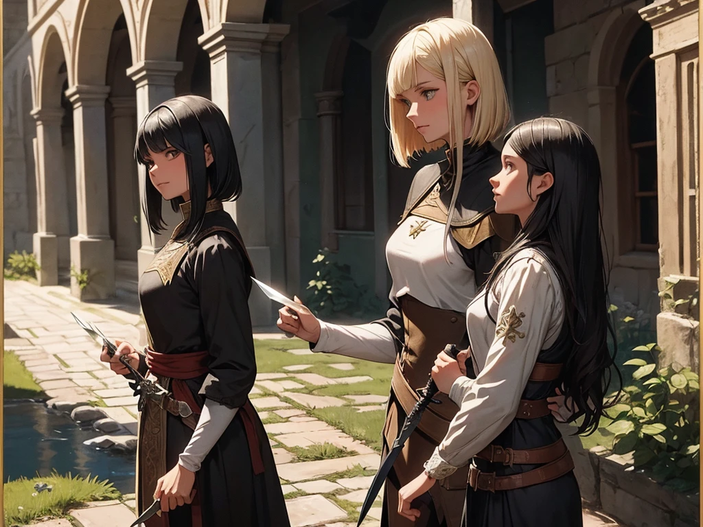 Medieval illustration A skinny black haired girl assassin stabs an inquisitor with a knife on a riverbank. A girl with curly blonde bob hair is lying behind her.