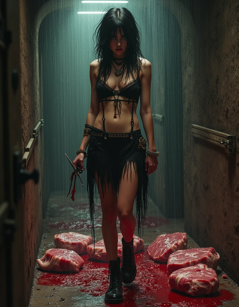 17-year-old girl in hippie outfit with tiny breasts (Gothic style) torn skirt, sexy body proportion, messy black hair, small breasts torn skirt ruddy and shy, in old cellar, cobwebs, wet, classic horror movie vibe, euro-sleaze, blood spatters, scissors, pool of blood, slabs of raw beef, intricate, tall detailed, intricate, dramatic Technicolor lighting, cg, 3d, 8k 4k, Frank Frazetta, Jean Giraud, EC Horror Comics, Warren Publishing, Horror comic aesthetic
