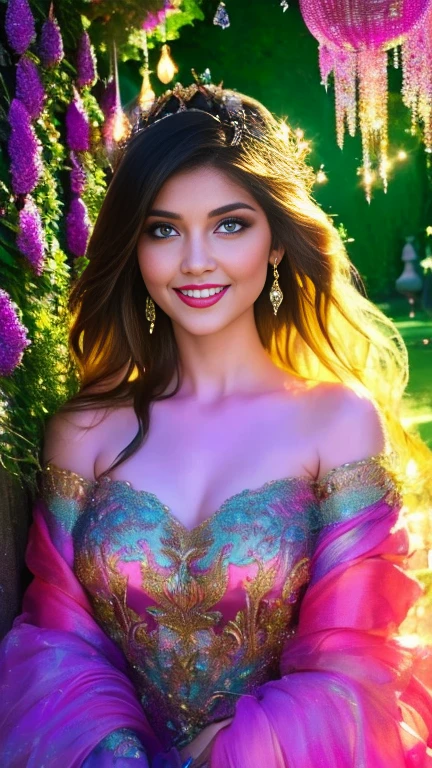 (a beautiful woman in a stunning gown of flowing silk with a radiant smile and captivating eyes),vibrant colors,highres,ultra-detailed,sharp focus,soft lighting,realistic,fantasy-inspired,portraits,subtle color palette,ethereal glow,fairytale,graceful,pastel shades,enchanted garden,lovely flowers,twinkling lights,whimsical ambiance