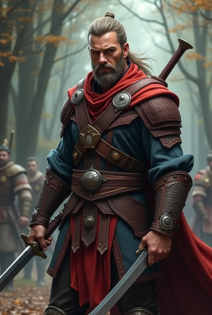 Fantasy games, male warrior, 30-year-old man, serious expression, Warrior's Attire, Take up a knife, Victory Pose
