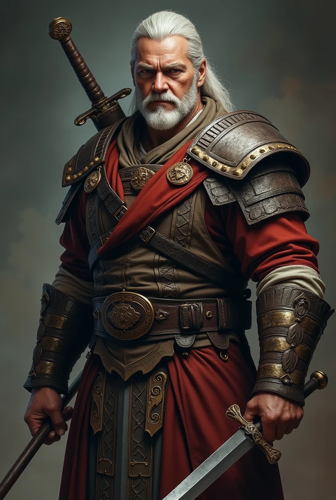 Fantasy games, male warrior, 30-year-old man, serious expression, Warrior's Attire, Take up a knife, Victory Pose