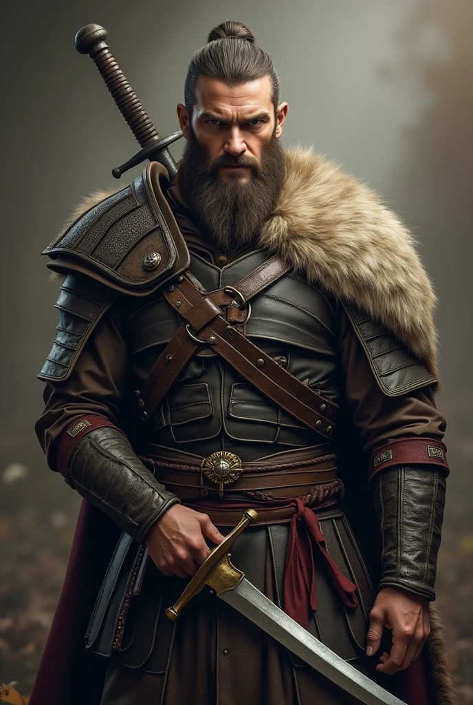 Fantasy games, male warrior, 30-year-old man, serious expression, Warrior&#39;s Attire, Take up a knife, Victory Pose