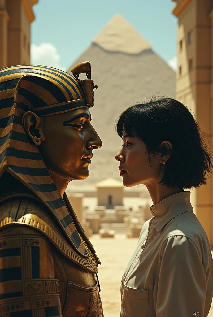 a girl with short hair and bangs and the man mummy of an ancient Egyptian pharaoh falling in love. At the back, draw the biological laboratory and the ancient Egyptian pyramid