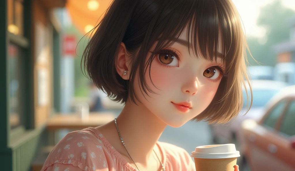 1 girl, At the cafe, Coffee in hand, Fascinating and elegant, (Realistic eyes, Natural skin texture, Innocent look), Intricate details, Soft and dreamy lighting, Pastel Color Palette, Shallow depth of field, Very detailed, Ultra-realistic, Medium format film camera, Blurred Background., Bobcut、Bob Hair、short hair, Japanese、Japanese、Smiling、Outdoor