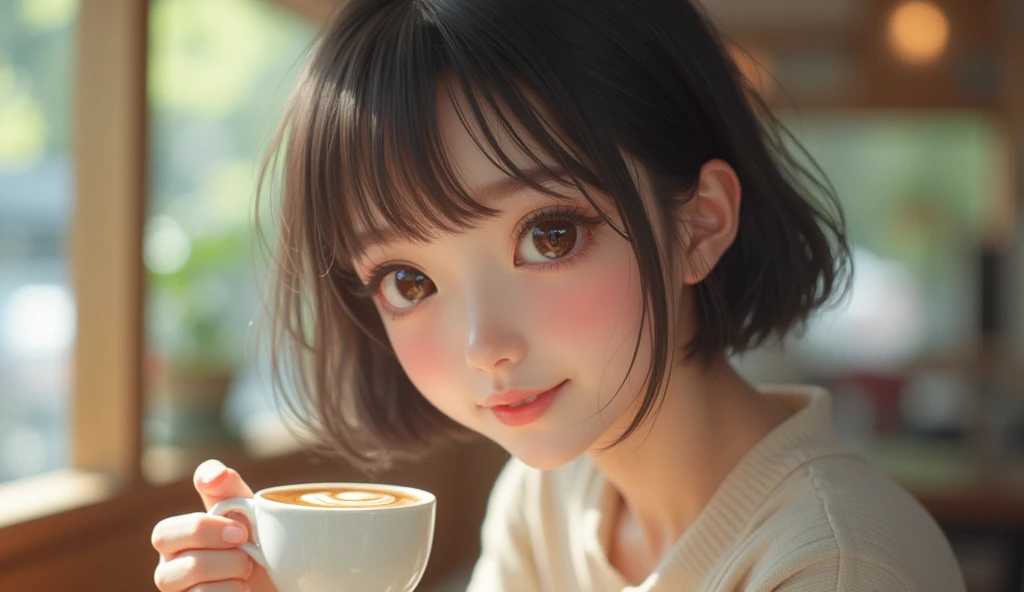 1 girl, At the cafe, Coffee in hand, Fascinating and elegant, (Realistic eyes, Natural skin texture, Innocent look), Intricate details, Soft and dreamy lighting, Pastel Color Palette, Shallow depth of field, Very detailed, Ultra-realistic, Medium format film camera, Blurred Background., Bobcut、Bob Hair、short hair, Japanese、Japanese、Smiling、Outdoor
