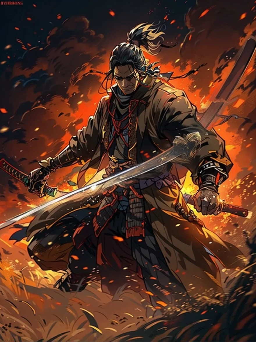 8k, RAW photo, best quality, masterpiece, realistic, photo-realistic, clear, professional lighting, beautiful face, best quality, BREAK, A lone samurai with long, dark hair standing in a dramatic, misty valley. He is dressed in black traditional samurai attire, holding a katana in one hand with a determined and intense expression. The environment is dark and moody, with sharp rocky terrain surrounding him. Red and black tones dominate the scene, with a faint glow of red emanating from the ground, suggesting a post-battle or ominous atmosphere. The sky is overcast with heavy clouds, adding to the sense of tension and foreboding.