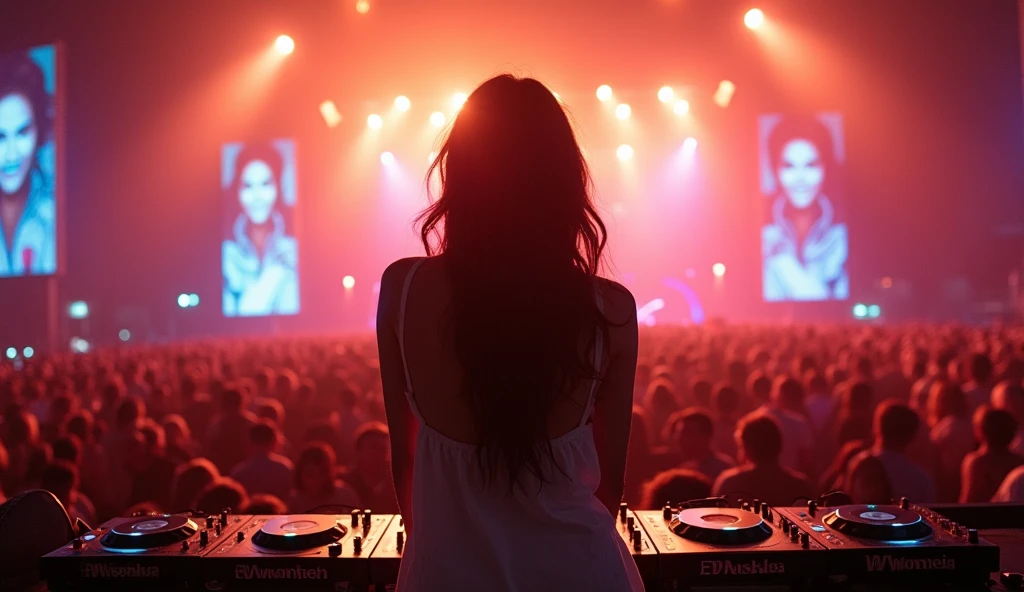 Long-range shots，wide wide shot，(Best quality), (Masterpiece), Outdoor music festival，In the center of the crowd，（Sexy indian female DJ）Hefty Smile，