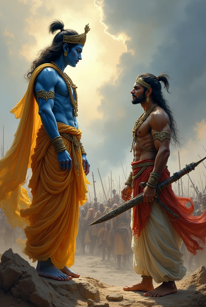 Lord Krishna giving lesson to Arjuna about bhagwat Geeta in middle of fight