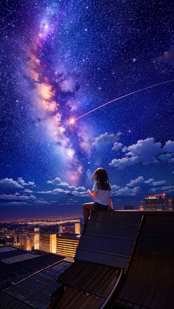 octans, sky, star (sky), scenery, starry sky, night, 1girl, night sky, solo, outdoors, building, cloud, milky way, sitting, tree, long hair, city, silhouette, cityscape