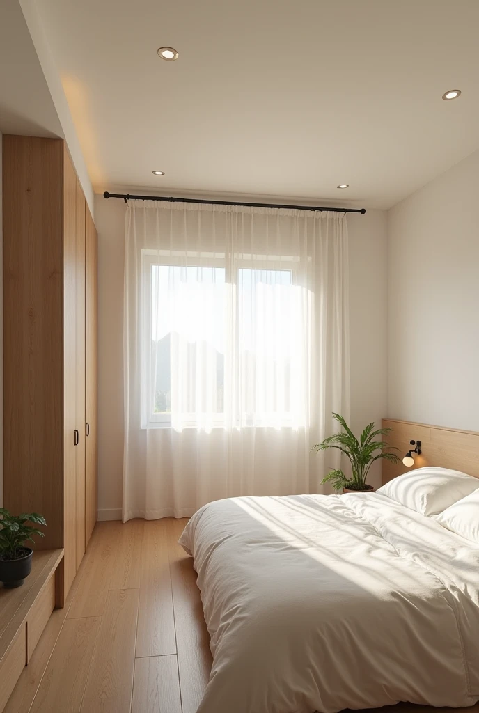 simple bedroom，Different shooting angles for the same living room.，Cozy country house，Simple with a touch of wood.，K HD，Main color whitish，a little bit of greenery, Designed by Tadao Ando
