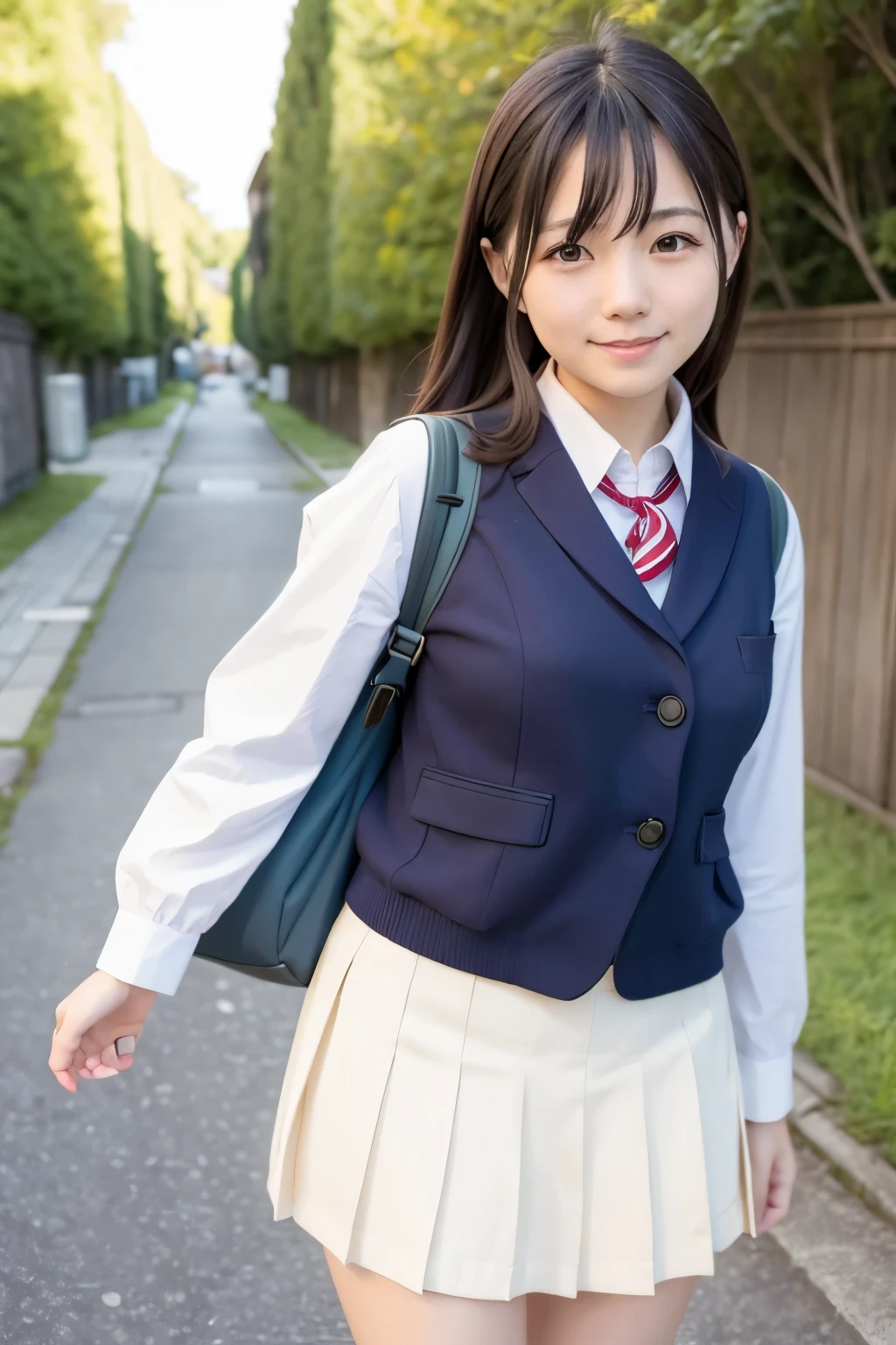 smiling, cute japanese woman, school uniform, Historical Exploration, Ruck sack, Europe