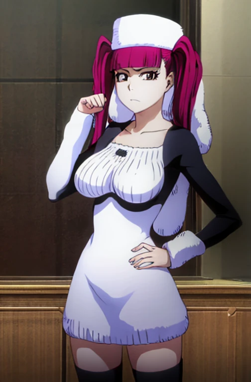 (masterpiece, Detailed Image,detailed picture) Sexy Riruka Dokugamine in her dress and hat, bleach girl, top quality, 16 thousand, ultra-detailed, black stockings, girl stands posing with her hand on her waist, beautiful Riruka Dokugamine, Big breasts, tsundere, bitch face