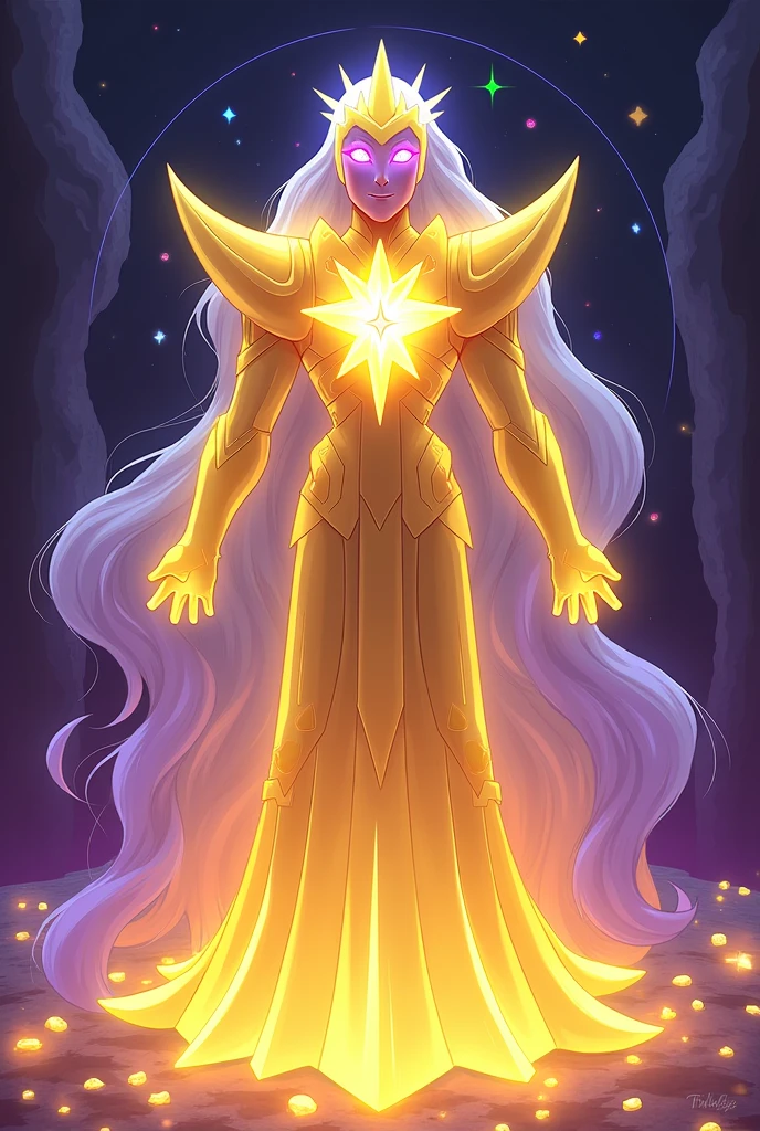 clearing! Here is the male version of the most powerful character in the universe of *Steven Universe*:
### **name**: **Eternal**
### **Appearance**:
- **egg yolk**: Eternal possui uma gema em forma de estrela no centro de seu peito. The gem shines with a multicolored light, reflecting all the colors of known gemstones, and seems to pulse with infinite energy.
- **eyeballs**: Your eyes are like portals to the universe, changing color according to the energies it controls at the moment. They have a constant glow, transmitting ancestral wisdom and an imposing presence.
- **body hair**: Eternal tem cabelo longo e ondulante, composed of pure cosmic energy. Colors range from purple, blue and silver, giving the impression that your hair is an extension of space itself.
- **cos**: Your skin has the texture of crystal, with a slight golden glow, as if it were made of condensed stars. He wears majestic, ethereal armor, forged of light and energy, which symbolizes his supreme power.
- **Height**: Eternal é imponente e majestoso, higher than any other gem or fusion, highlighting his absolute dominance over the universe.
### **powers**:
- **Space-Time Manipulation**: Eternal pode dobrar o tempo e o espaço à sua vontade, appearing in multiple places simultaneously and traveling through the ages, with the power to alter reality as needed.
- **Criação de egg yolk**: Unlike other gems, Eternal pode criar novas gemas a partir de sua própria essência, giving rise to beings with unique and incomparable powers.
- **Supreme Fusion**: He can fuse with any number of gems simultaneously., forming entities of absolute power, that exceed any known fusion.
- **Cosmic Domain**: Eternal controla as forças cósmicas fundamentais, like gravity, dark matter and energy, having the ability to create or destroy entire galaxies with a simple gesture.
- **Omniscience**: Has absolute knowledge of everything that has ever happened,