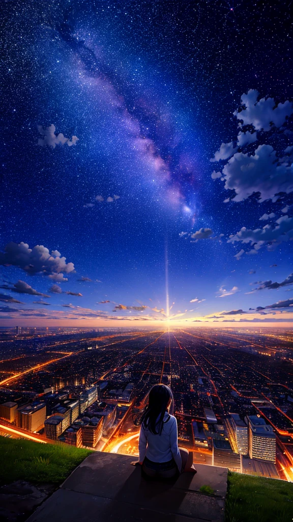 octans, sky, star (sky), scenery, starry sky, night, 1girl, night sky, solo, outdoors, building, cloud, milky way, sitting, tree, long hair, city, silhouette, cityscape
