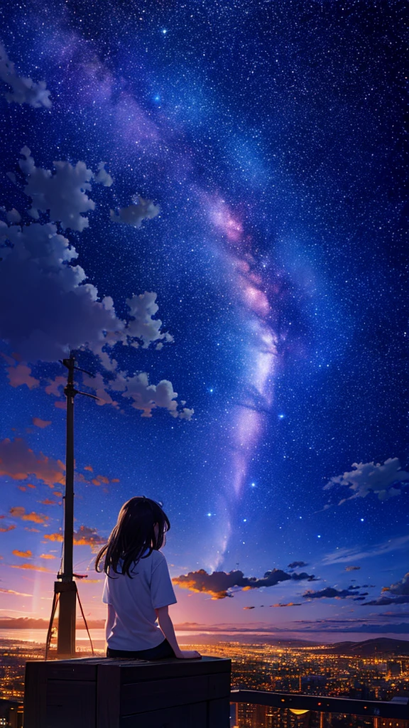 octans, sky, star (sky), scenery, starry sky, night, 1girl, night sky, solo, outdoors, building, cloud, milky way, sitting, tree, long hair, city, silhouette, cityscape