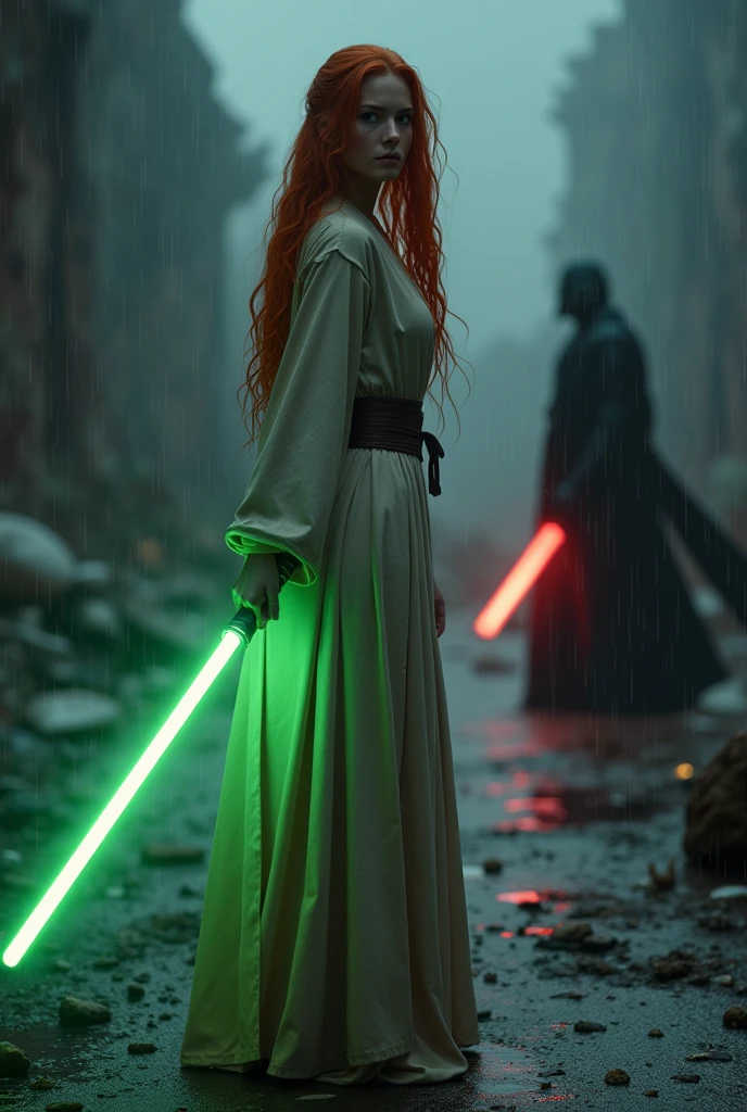 (full body shot:1) photorealistic image of a (standing pose:1) woman, ultrarealistic, photography, long red hair, woman, 24 years old, hourglass figure, perfect body, concerned look, natural medium breasts, blur background, in complete darkness, she is wearing a light jedi robe, she is holding a green lightsaber, the lightsaber is the only lightsource, on a dark destroyed space colony outside, it is raining, there is lightning in the background, she has her back to the camera, Kylo Ren is approaching her with his red lightsaber drawn, she looks into the camera, long sexy legs, wet clothes, wet hair