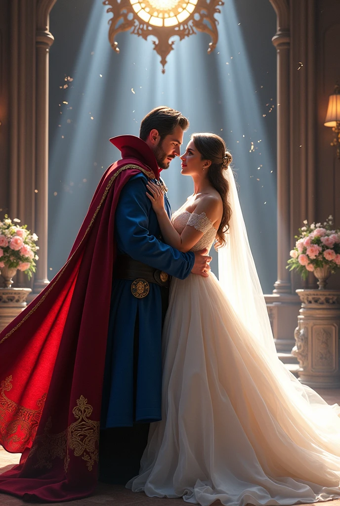 Generate a photo of Dr strange
from Marvel and Christine in groom and bride in front of crunch