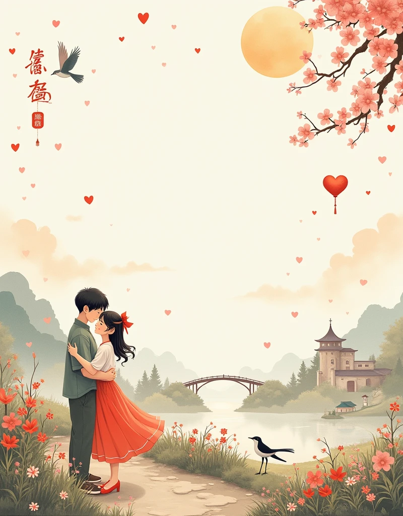 Ink portrait,National scenery,New Gongbi,Song Huizong,(((Large area of white space))),(((The person in the picture is in the middle right))),A triangle shape,(Qixi Valentine's Day),((Boys and girls snuggle together:1.7)),(Standing on the arch bridge),(A cute calf:1.7),(Magpie:1.8), ((Fluffy love heart)),Fluffy clouds,Star,Beautiful moon,Grass,Flowers,In a dream,A vibrant and fun way to set the stage,Very warm and cute,White main color,warmth,Soft Light,exquisite,Healing style,HD,Bright,Art