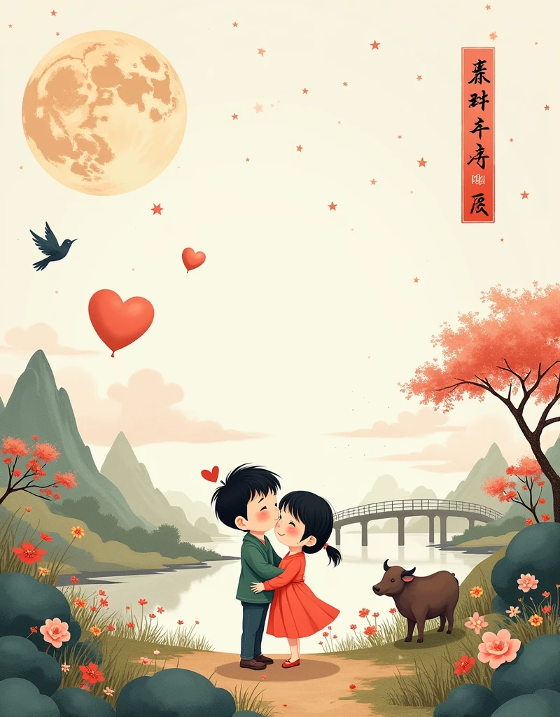 Ink portrait，National scenery，New Gongbi，Song Huizong，(((Large area of white space)))，(((The person in the picture is in the middle right)))，A triangle shape，(Qixi Valentine's Day)，((Boys and girls snuggle together:1.7))，(Standing on the arch bridge)，(A cute calf:1.7)，(Magpie:1.8), ((Fluffy love heart))，Fluffy clouds，Star，Beautiful moon，Grass，Flowers，In a dream，A vibrant and fun way to set the stage，Very warm and cute，White main color，warmth，Soft Light，exquisite，Healing style，HD，Bright，Art