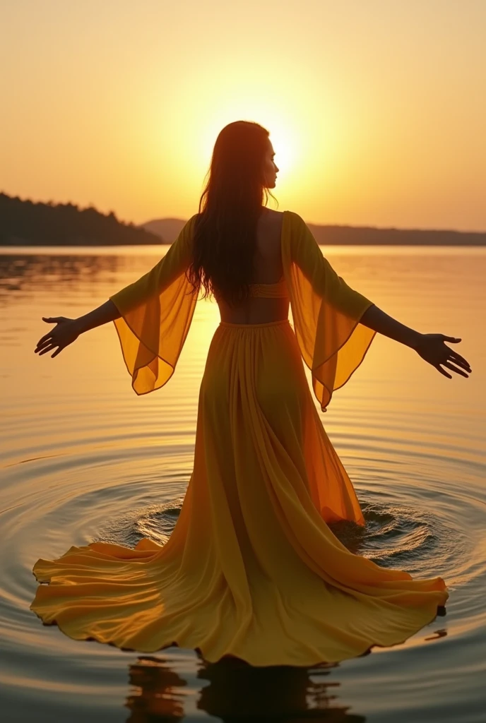 A perfect shot of a woman in a long yellow dress, coming out of the water, View from the lake bottom, Watching the setting sun with arms elegantly outstretched, She closed her eyes, Her lips were closed and her legs were stretched out. Her hands are spread out to the sides.. perfect face, perfect hands, ultra-realistic, perfect style, epic, realistic, CinemaScope, No nudity, Transparent clothing is prohibited.,With your back to the camera