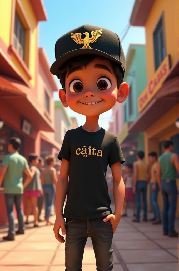 Pixar image, A boy with a black t-shirt and skinny pants, black cap with an eagle design on his shirt that says cañita with lots of corn cholos in Don Caña's restaurant
