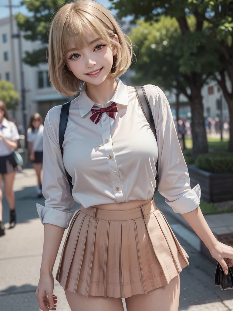 (8k, RAW Photos, Highest quality, masterpiece:1.2), (Realistic, photo-Realistic:1.4), (extremely detailed 8k wallpaper), ((Full Body Shot)), (((1 girl))), Sharp focus, Cinema Lighting, Soft Light, (緻密な美しさのeye, eye_Chan, Very beautiful 17 year old girl, innocent big eyes, Realistic, photo Realistic, Highly detailed cute girl, (Thin thighs), (Model body type), Slightly larger breasts、The top button of the blouse is unbuttoned、(blonde), (Short Bob Hair), (Asymmetrical bangs), ((Happy smile)), Glowing Skin, ultra high density skin ,Detailed hairstyle, Facial beauty with attention to detail, Perfect female body, (school uniform:1.3),(Mini Skirt Red Check Micro Mini Skirt), The audience is watching, (Crowded street:1.3)