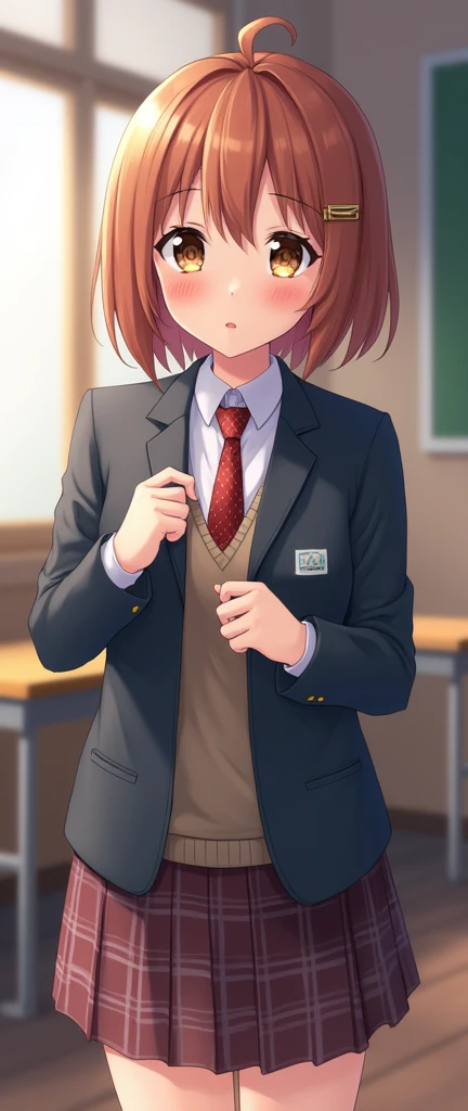 one girl, anime style, jacket, necktie, plaid skirt, beautiful, naive, my neighborhood friend, beautiful, stare at me, blurry, classroom, ecstatic eyes, close mouth, hair clip