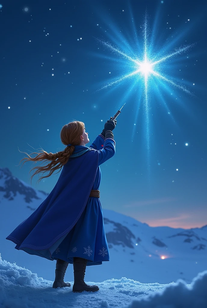 Anna de frozen aiming at the sky, a very bright star