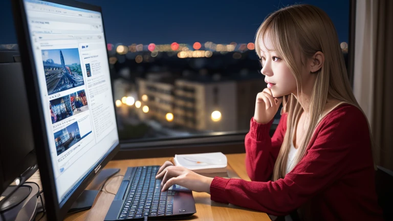 Beautiful girl operating a computer、Beautiful girl facing a computer、｛Beautiful night view from the window｝、Beautiful girl standing by the window、Beautiful girl sitting、Beautiful girl in nightgown、Slender beautiful girl、Beautiful girl in a dark room、Blonde silver haired beautiful girl、夜にBeautiful girl operating a computer｛Right beside｝