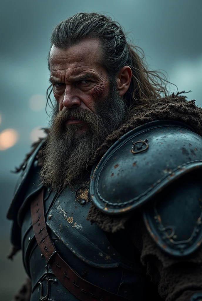 "Create a dramatic profile picture of a ruthless warrior. The warrior should have a fierce expression, with battle scars across their face and a stern, determined look in their eyes. The armor should be dark and weathered, featuring intricate designs that hint at a long history of combat. The warrior's helmet is slightly tilted, revealing strands of long, unkempt hair. In the background, a stormy sky with flashes of lightning emphasizes the warrior's powerful and menacing presence. The lighting should be low, with shadows highlighting the warrior's sharp features and muscular build, giving a sense of intensity and strength."