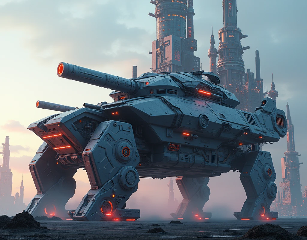 concepte d’une ville futuriste sur un gigantesque char blindé du futur, immeubles et buildings visible dessus au centre du tank, concepte extravagant imaginé par une IA de haute qualitée, tank extravagant, blindage très futuriste et détaillé,  blindage formé par de multiples canons sur tourelles et de pinces mécaniques, char sur chenille et roues, recouvert de haute technologie, lasers, néons multicolores, couleurs électroniques sublimes, conception sublime, hyperréaliste, très détaillé, masterpiece, 8k, 16k, paysage futuriste