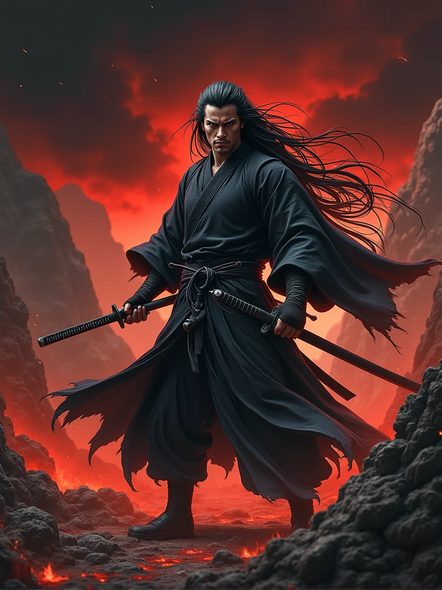 8k, RAW photo, best quality, masterpiece, realistic, photo-realistic, clear, professional lighting, beautiful face, best quality, BREAK, A lone samurai with long, dark hair standing in a dramatic, misty valley. He is dressed in black traditional samurai attire, holding a katana in one hand with a determined and intense expression. The environment is dark and moody, with sharp rocky terrain surrounding him. Red and black tones dominate the scene, with a faint glow of red emanating from the ground, suggesting a post-battle or ominous atmosphere. The sky is overcast with heavy clouds, adding to the sense of tension and foreboding.