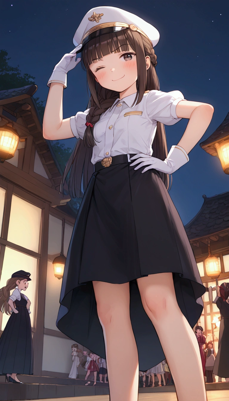 {Highest quality}, {Super beautiful},{Ultra fine},{Best illustration},Brown Hair,Hime cut,long hair,Braid,One woman,Standing Woman,Strike a pose,smile,smug face,Wink,Uniform cap,White Shirt,Short sleeve,long black skirt,White gloves,Night Festival,Blushing,Slender,Black stiletto heels,barefoot,From an angle,From below,Put one hand on your hip,Spread your legs