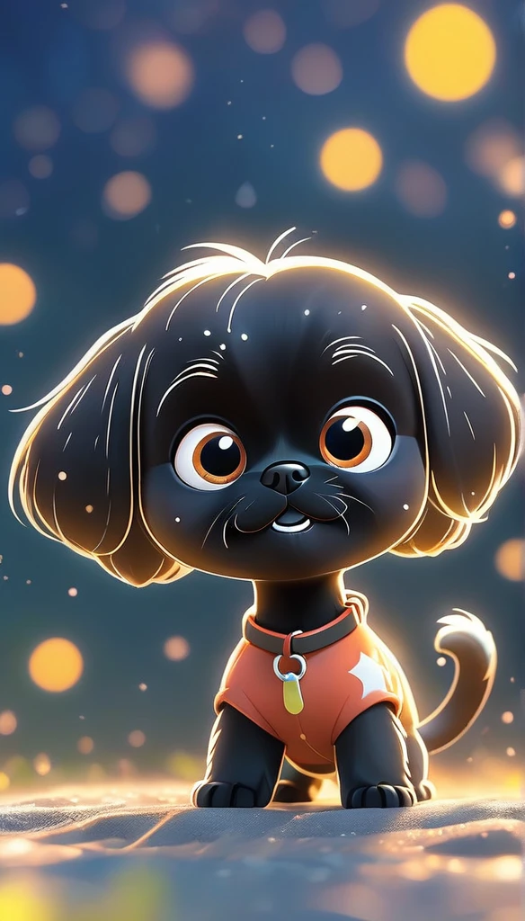 cute black Shih Tzu puppy, standing on meteor ,cartoon, meteor, fire sky,arms, , cute eyes, looking at viewer, hands up, effects background, particles 3D Pixar style