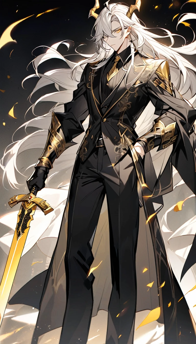 Handsome, solo, 1 male, long hair, white hair, yelow eye, wearing a black shirt, black and white suit, and black dress shoes, with two golden horns, standing while holding a sword.