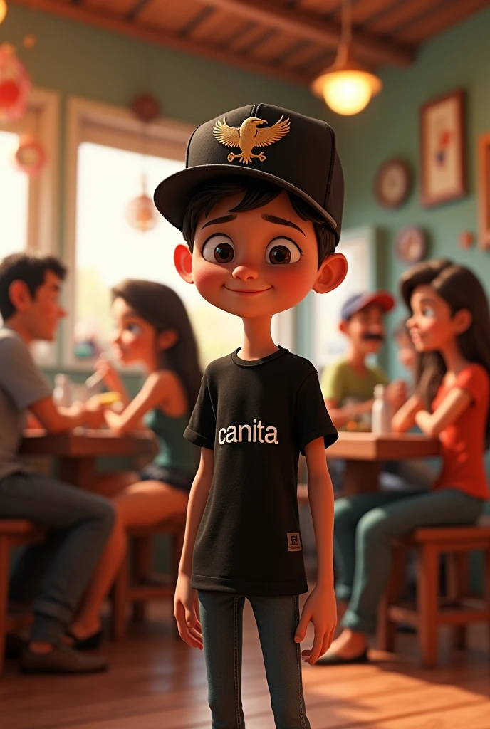 Pixar image, A boy with a black t-shirt and skinny pants, black cap with an eagle design on his shirt that says cañita with many corn cholos in Don Caña&#39;s restaurant and a pretty girl 