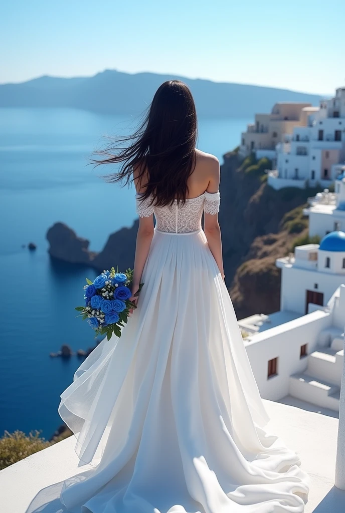 Santorini - A girl with long hair overlooking the sea, standing directly behind her, wearing an off-the-shoulder white wedding dress and holding a bouquet of blue roses
