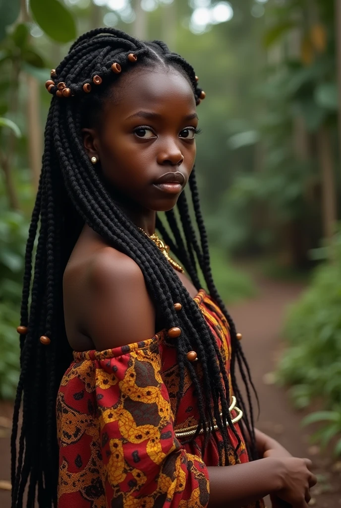 Create A realistic photo of an intimate and emotional scene of Ndulu (a young and beautiful African princess with deep brown skin and warm golden undertones. She should have long, intricate braids adorned with beads and cowries, symbolizing her royal heritage. Her large, soulful brown eyes should reflect a mix of strength, sorrow, and the beginnings of rebellion. Ndulu should be dressed in vibrant, traditional African attire with rich patterns in deep reds and golds, adorned with gold jewelry. The background should feature elements of the village, with hints of lush greenery, symbolizing her connection to her roots.") and Silvano (is a tall, well-built white man in his late 20s to early 30s. He should have short dark brown hair, piercing blue eyes, and a kind yet determined expression. He is dressed in simple missionary clothing—a white linen shirt with rolled-up sleeves, dark trousers, and a plain wooden cross around his neck) meeting in secret under the moonlight in the dense forest surrounding Ozioma. Ndulu, a beautiful African princess, should be wearing a flowing traditional gown with intricate patterns and deep, vibrant colors. Her long braids are adorned with beads that catch the moonlight. Silvano, a tall, well-built white