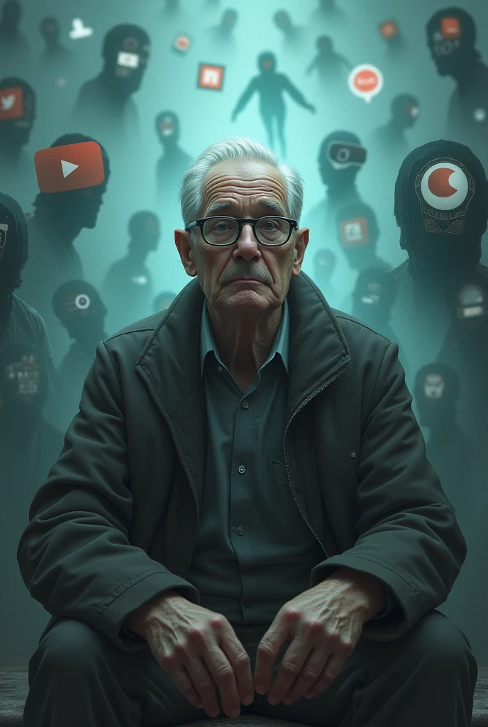 An Old Man with eye glassess surrounded by many social media ghost, ai, app and assistant 