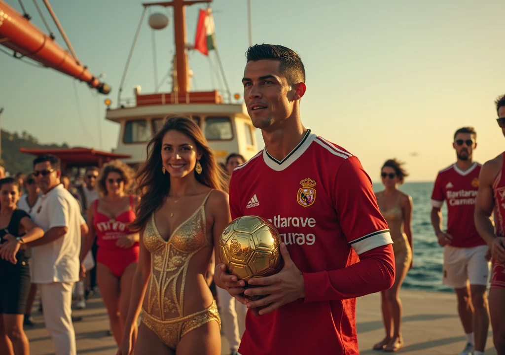 Ronaldo set in gold big ship with his family and looking to front